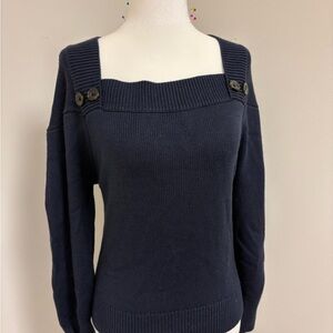 LOFT Navy Off-the-Shoulder Square-Neck Sweater with Button Detail